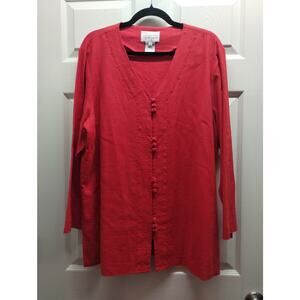 Vintage Kathy Levine by Request Size 1X Red Linen Blend Button Up Tunic Top